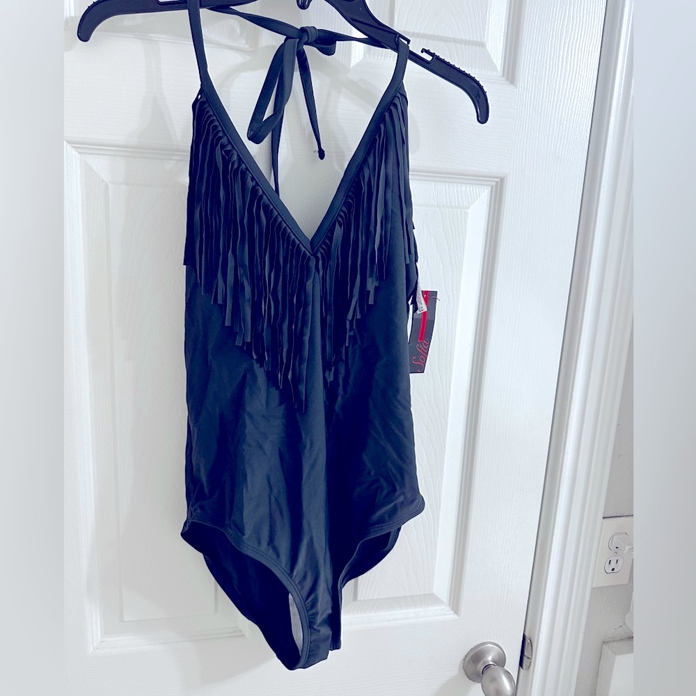 NWT - Sofia Vergara Gray Fringe One Piece Halter Swimsuit - Medium